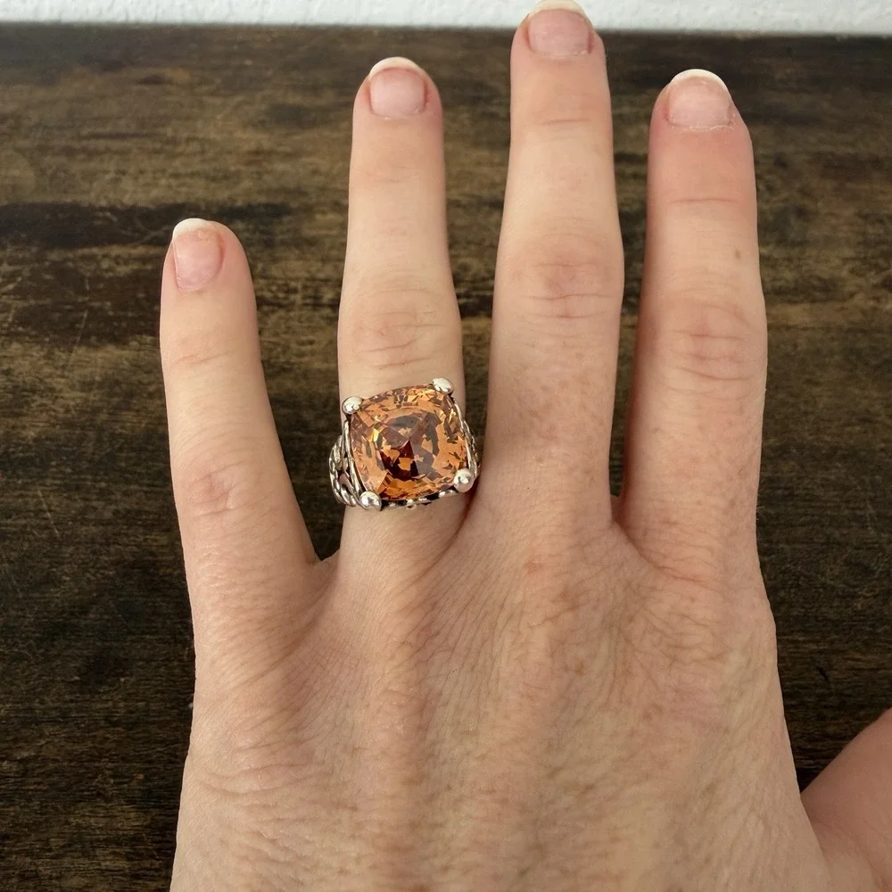 VTG Filigree Sterling Silver 925 Estate Ring Lg.  Peach Cushion Cut Ring Sz 5.75